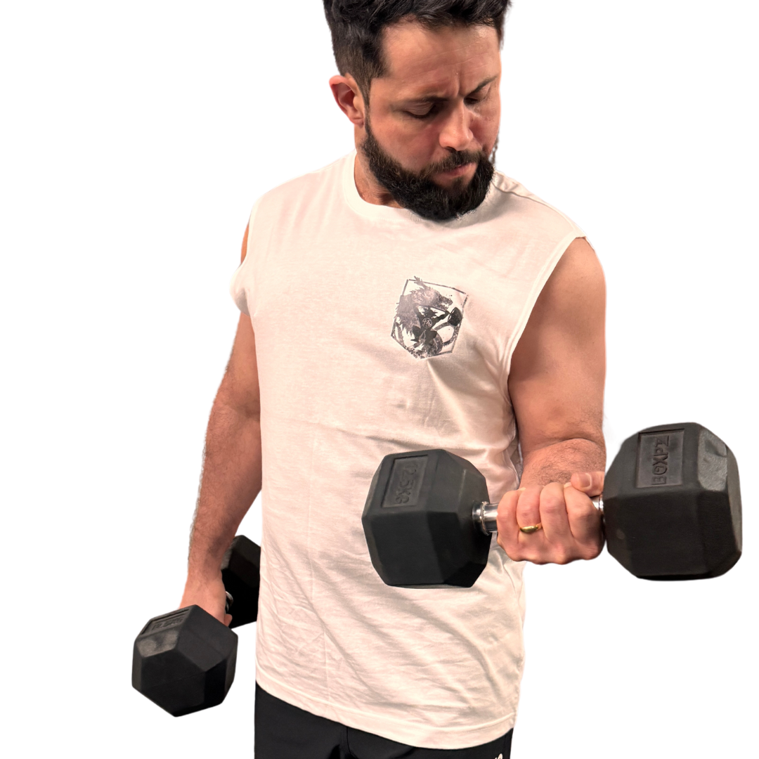 AMRAP T-shirt Masculina Snatch Saiyajin Branca Sem Mangas