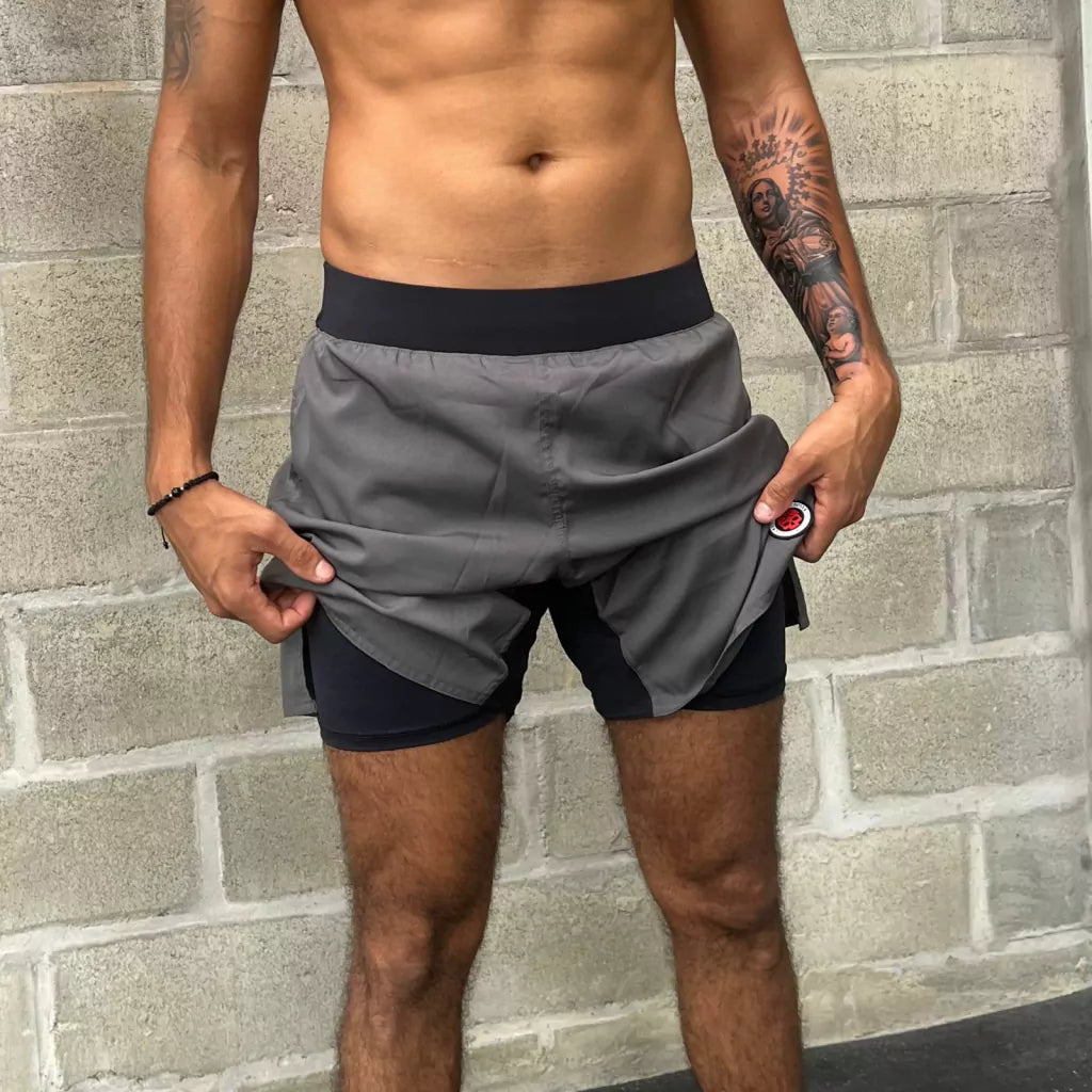 Calção de Treino -Bscross Cinza Escuro Cós Elástico Com Short Térmico
